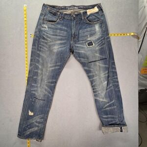 Reputation Jeans Mens Selvedge Blue Tapered Paint Splatter Thrashed Fits 33x30